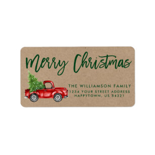 Kraft Green Brush Script Vintag LKW Weihnachten Adressaufkleber