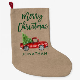 Kraft Green Brush Script Vintag Red Truck Tree Großer Weihnachtsstrumpf