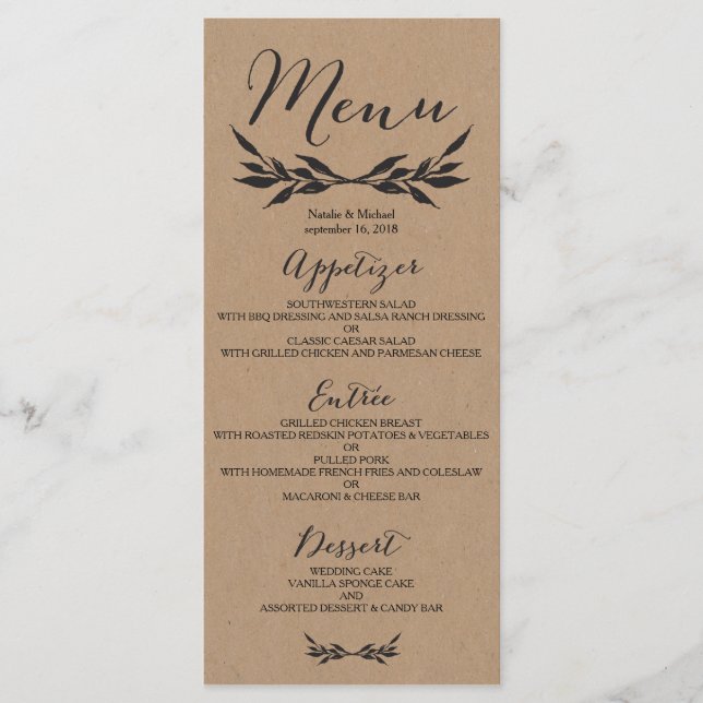 Kraft Greenery Wedding Menu Card Menükarte (Vorderseite)