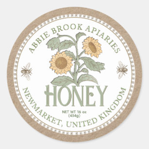 Kraft Honey Jar Label Vintag Sonnenblumen und Bien Runder Aufkleber