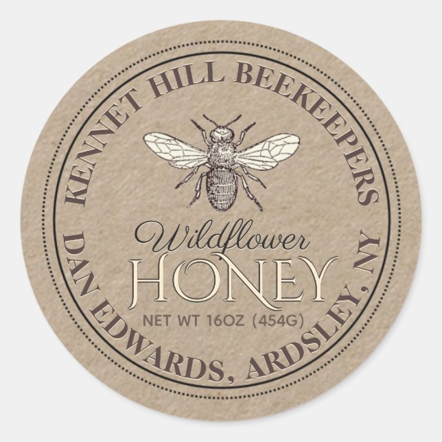Kraft Honey Label Französische Biene mit gepunktet Runder Aufkleber (Vorderseite)