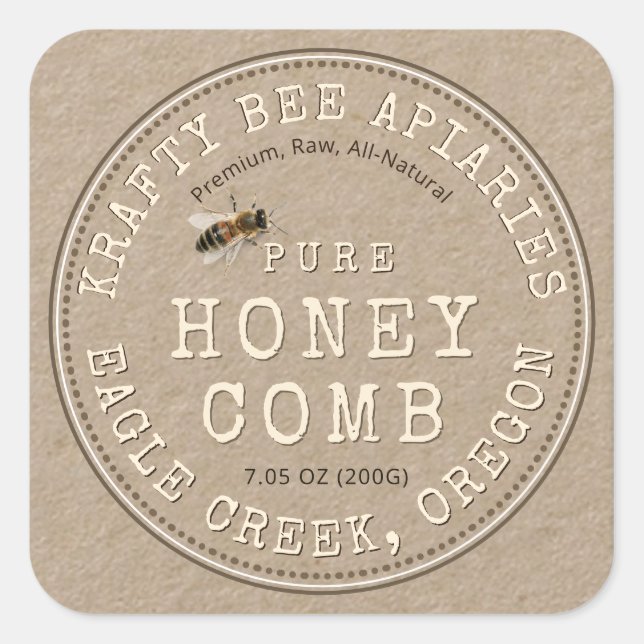 Kraft-Honigwabe mit Bienenrustikal-Label Quadratischer Aufkleber (Vorderseite)
