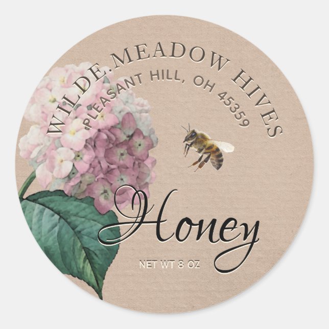 Kraft Hydrangea Blume & Honeybee Honey Label Runder Aufkleber (Vorderseite)