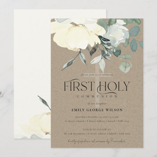 KRAFT IVORY WHITE AQUA FLORAL ERSTER HOLY COMMUNIO EINLADUNG (Vorne/Hinten)