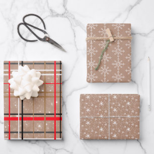 Kraft Kariert, Schneeflocken und Sterne Geschenkpapier Set