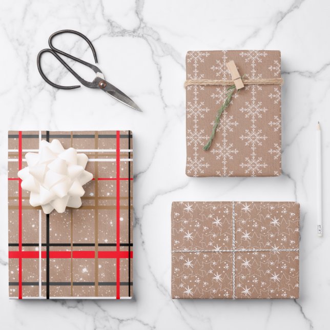 Kraft Kariert, Schneeflocken und Sterne Geschenkpapier Set (Vorderseite)