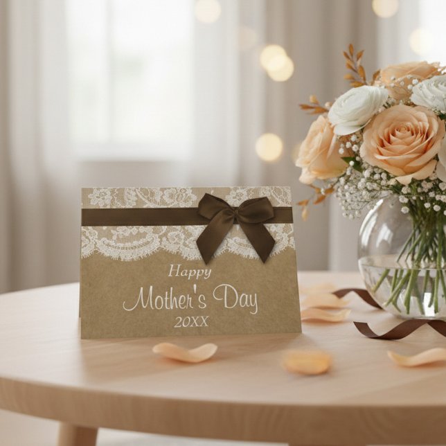 Kraft, Lace & Brown Bow Happy Mother Day Karte (Von Creator hochgeladen)