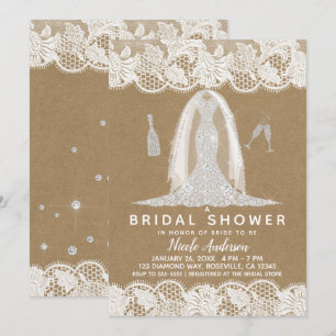 Kraft & Lace Diamond Wedding Dress Brautparty Einladung