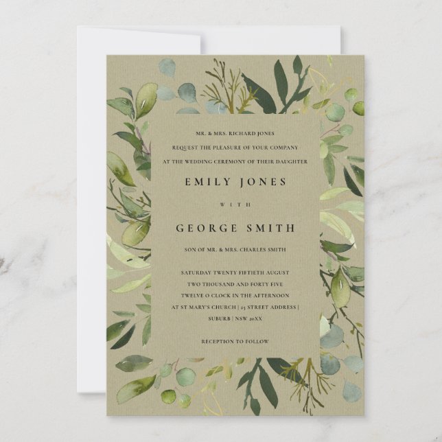 KRAFT LEAFY FRAME GREEN FOLIAGE WATERCOLOR WEDD EINLADUNG (Vorderseite)