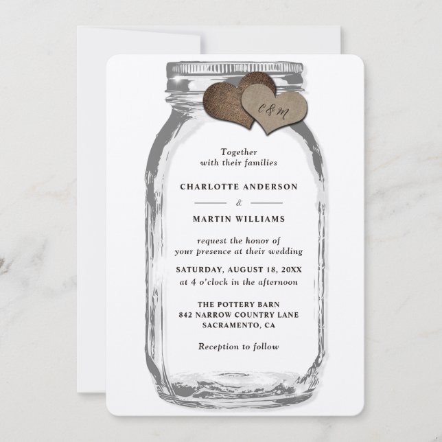 Kraft Mason Jar Rustic Country Burlap Wedding Einladung (Vorderseite)