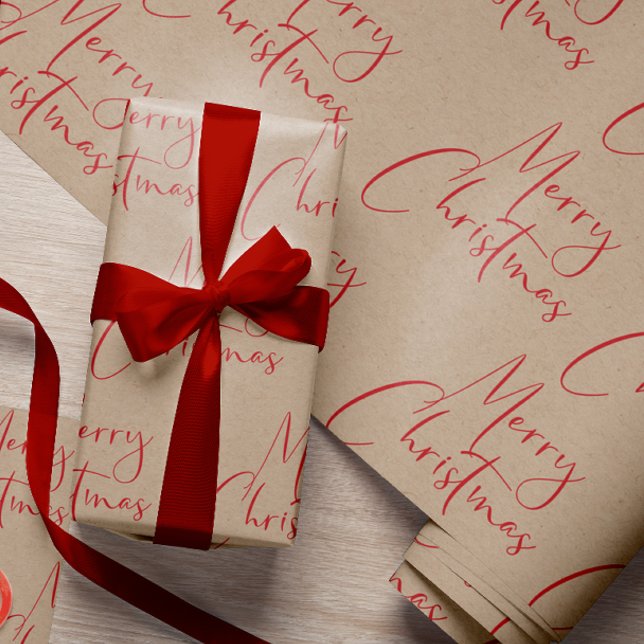 Kraft Merry Christmas Red Script Wrapping Paper Geschenkpapier (Von Creator hochgeladen)