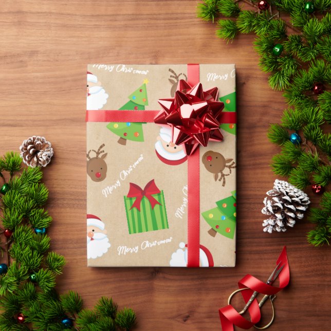 Kraft Merry Christmas Tree Santa Gifts Rudolph Geschenkpapier (Feiertagsgeschenk)