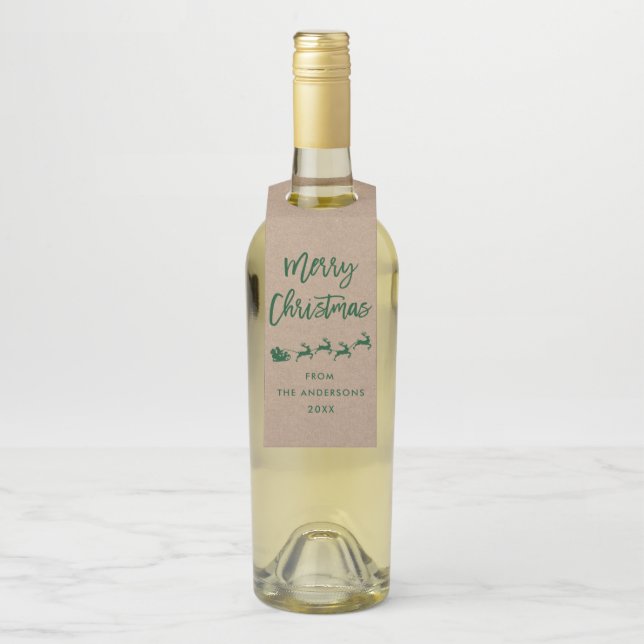 Kraft Modern Brush Script Frohe Weihnachten Grün Flaschenanhänger (Auf Flasche)