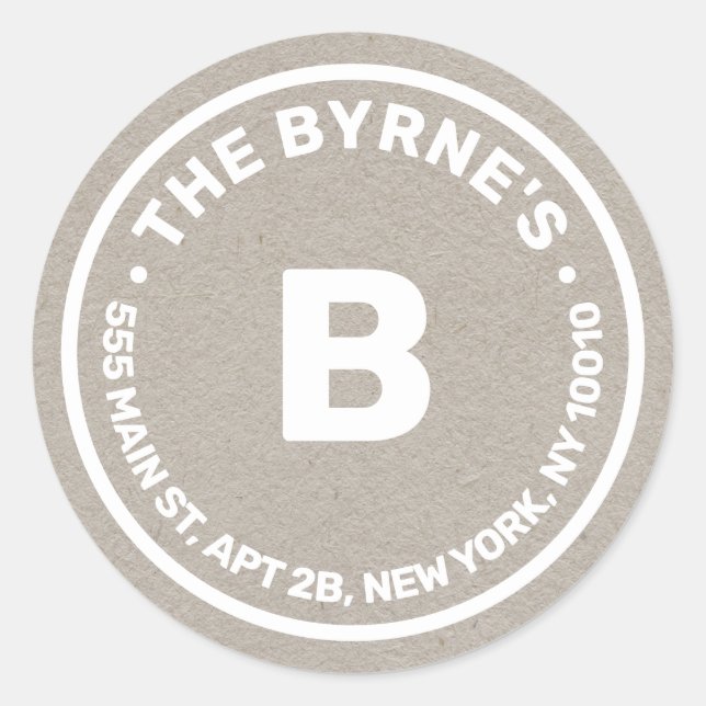 Kraft Monogram Address Classic Round Aufkleber (Vorderseite)