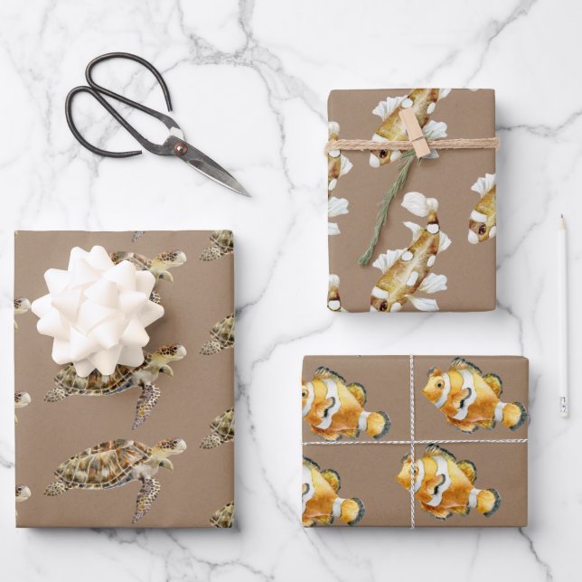 Kraft Paper Aquarellmeerschildkröte & Fische Geschenkpapier Set (Vorderseite)