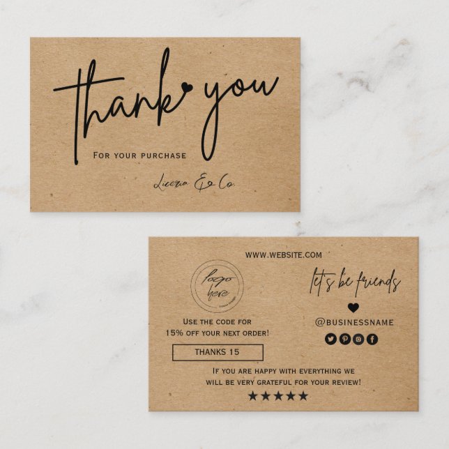 Kraft paper custom logo thank you heart visitenkarte (Vorne/Hinten)