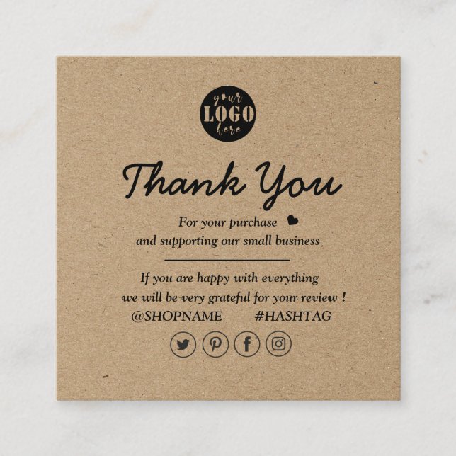 Kraft Paper Custom Logo Vielen Dank für Ihr Geschä Quadratische Visitenkarte (Vorderseite)