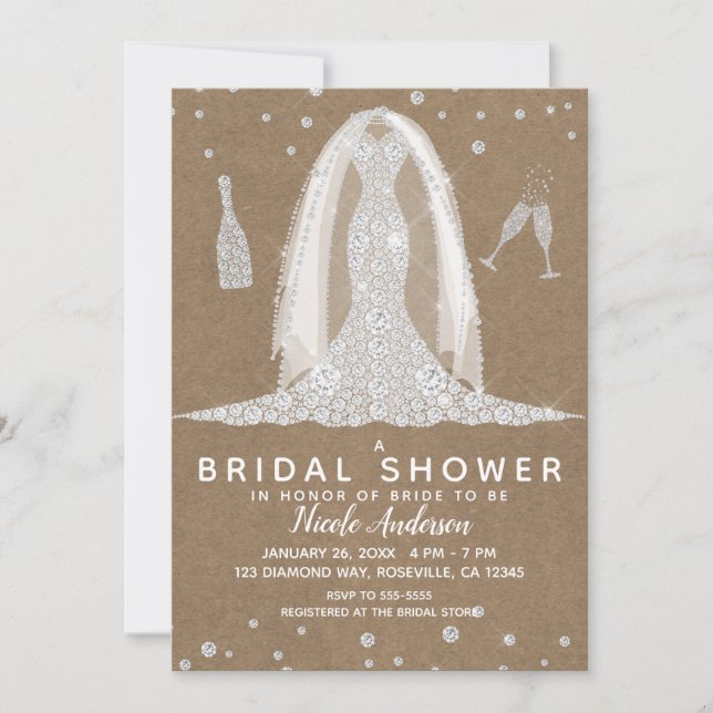 Kraft Paper Diamond Wedding Dress Brautparty Einladung (Vorderseite)