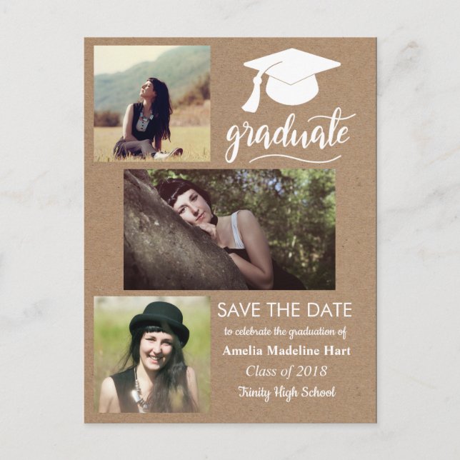 Kraft Paper Graduate | Save the Date drei Foto Postkarte (Vorderseite)