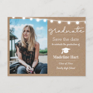 Kraft Paper Lights Script Graduate   Save The Date Postkarte