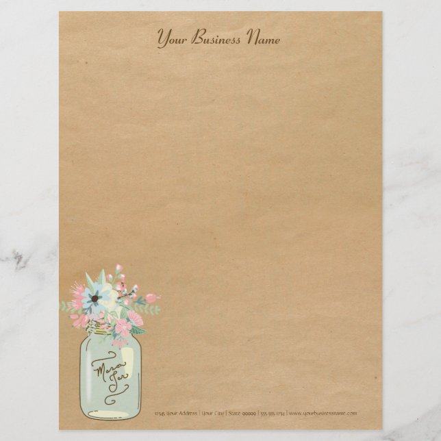 Kraft Paper Look Rustikale Mason Jar Moderne Flora Briefkopf (Vorderseite)