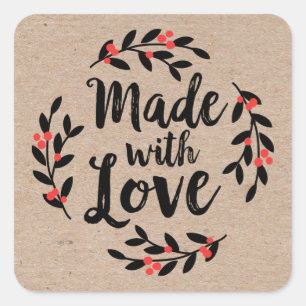 Kraft Paper Made with Liebe Christmas Quadratischer Aufkleber