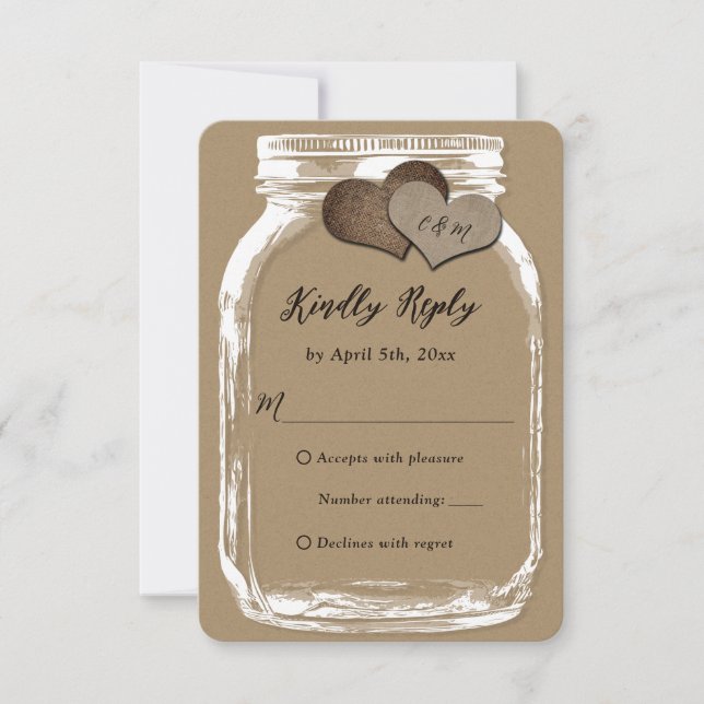 Kraft Paper Mason Jar Two Hearts Wedding RSVP Karte (Vorderseite)