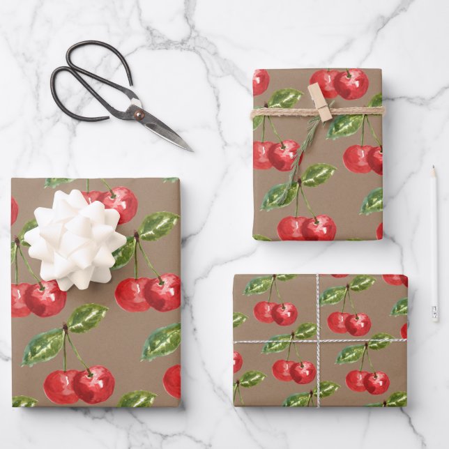 Kraft Paper Summer Red Cherries Geschenkpapier Set (Vorderseite)