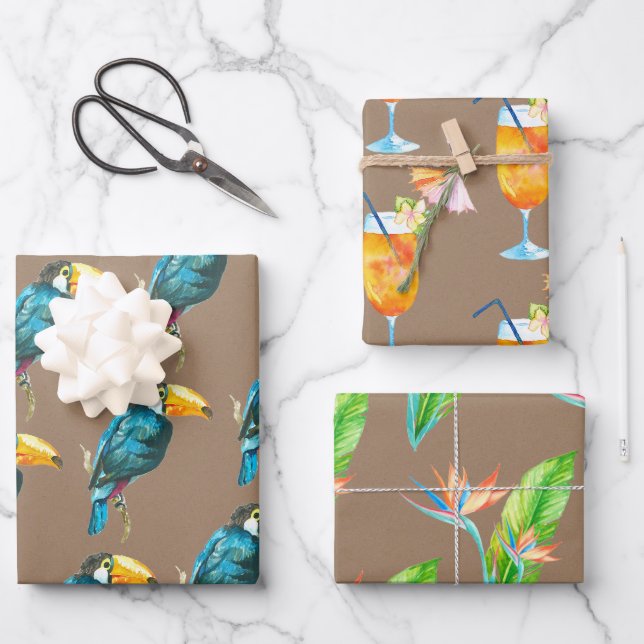 Kraft Paper Tropical Cocktails Toucans im Paradies Geschenkpapier Set (Vorderseite)