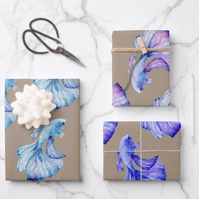 Kraft Paper Watercolor Crown Schwanz Betta Fish Geschenkpapier Set (Vorderseite)