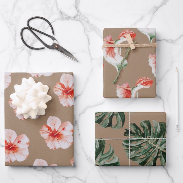 Kraft Paper Watercolor Tropical Hibiskus Monstera Geschenkpapier Set (Vorderseite)