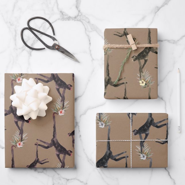 Kraft Paper Watercolor Tropical Monkey Dschungel Geschenkpapier Set (Vorderseite)