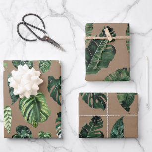 Kraft Paper Watercolor Tropical Palm Leaf Greeneri Geschenkpapier Set