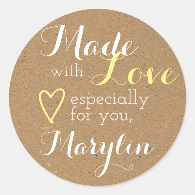 Kraft Paper Yellow Simple Made with Liebe Heart Runder Aufkleber (Vorderseite)