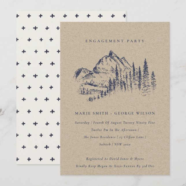 Kraft Pine Woods Mountain Sketch Verlobung laden Dankeskarte (Vorne/Hinten)