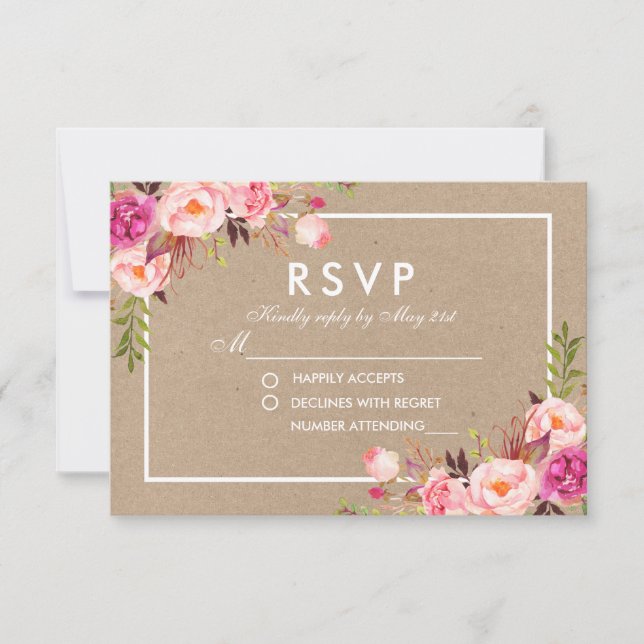Kraft Pink Blush Aquarelle Florale RSVP Mariage (Devant)