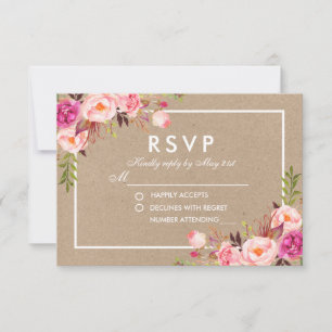 Kraft Pink Blush Aquarelle Florale RSVP Mariage