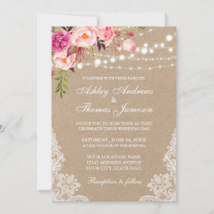 Kraft Pink Blush Blues Lights Lace Wedite einladen