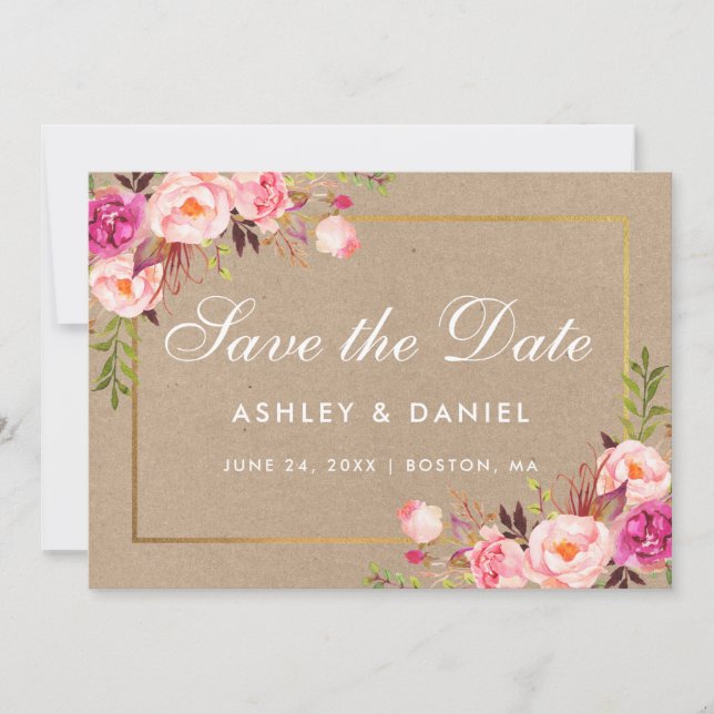 Kraft Pink Blush Floral Gold Enregistrer La Carte  (Devant)