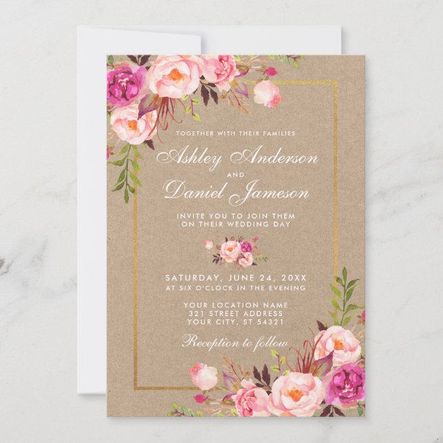 Kraft Pink Blush Floral Gold Hochzeit einladen (Vorderseite)