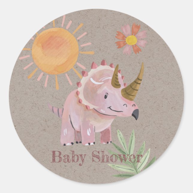 Kraft Pink Dinosaur Painted Girl Baby Dusche Runder Aufkleber (Vorderseite)
