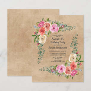 Kraft Pink Elfenbein Wasserfarbe Floral Sweet 16 Einladung