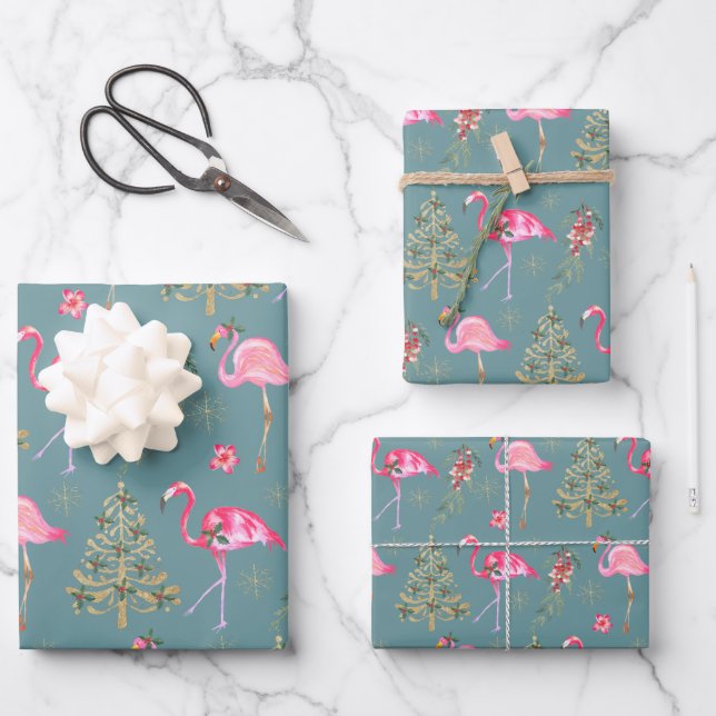 Kraft Pink Flamingos Mingling an einem Weihnachtsf Geschenkpapier Set (Vorderseite)