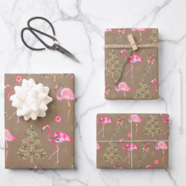 Kraft Pink Flamingos Mingling an einem Weihnachtsf Geschenkpapier Set
