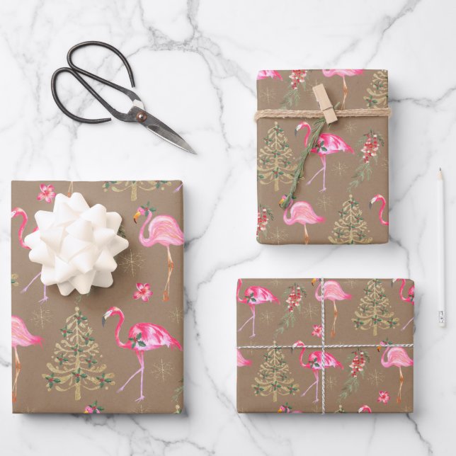 Kraft Pink Flamingos Mingling an einem Weihnachtsf Geschenkpapier Set (Vorderseite)