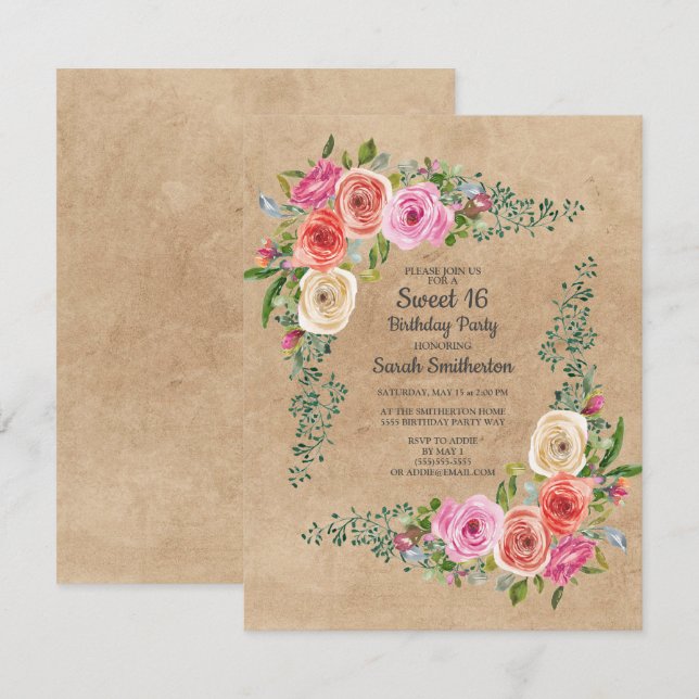 Kraft Pink Ivory Aquarell Blumensüß 16 Einladung (Vorne/Hinten)