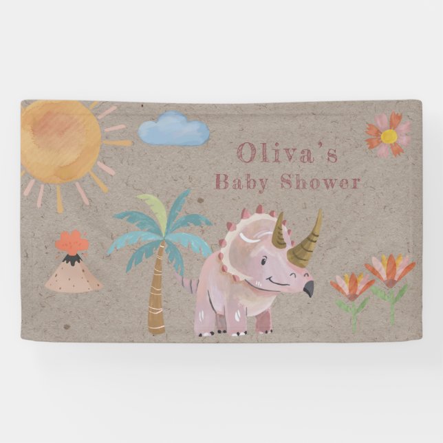 Kraft Pink Triceratops Dinisaur Girl Babydusche Banner (Horizontal)