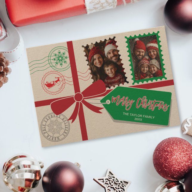 Kraft Red Green Gift Bow Foto Frohe Weihnachten (christmas card designed to look like a gift with a ribbon and bow)