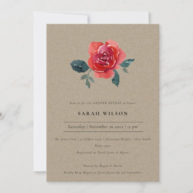 KRAFT RED GREEN ROSE FLORAL GENDER REVEITE EINLADE DANKESKARTE (Vorderseite)