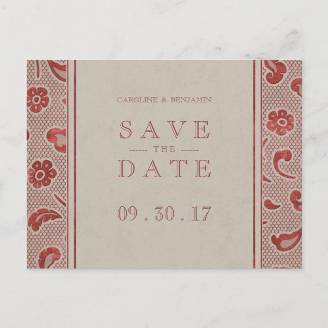 Kraft red Lace rustikale Hochzeit speichern Sie da Ankündigungspostkarte (Vorderseite)